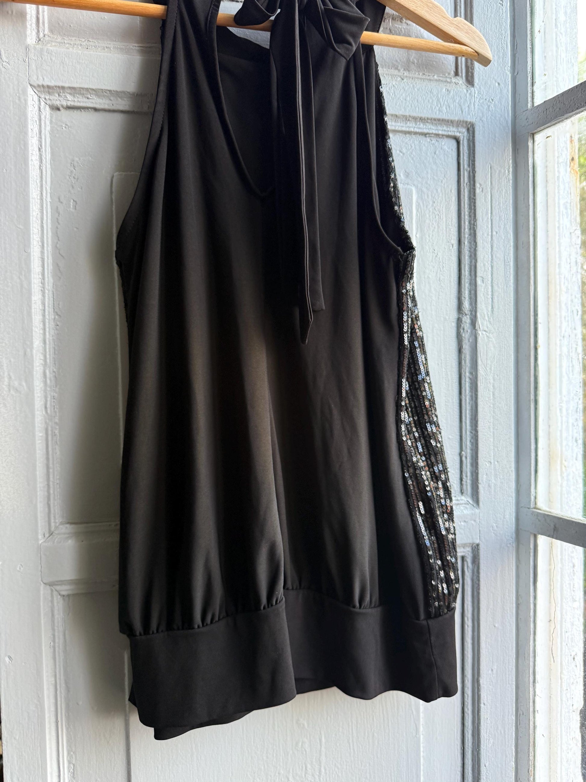 Black sequin halter top, NYE sparkly outfit, Festive party wear, S