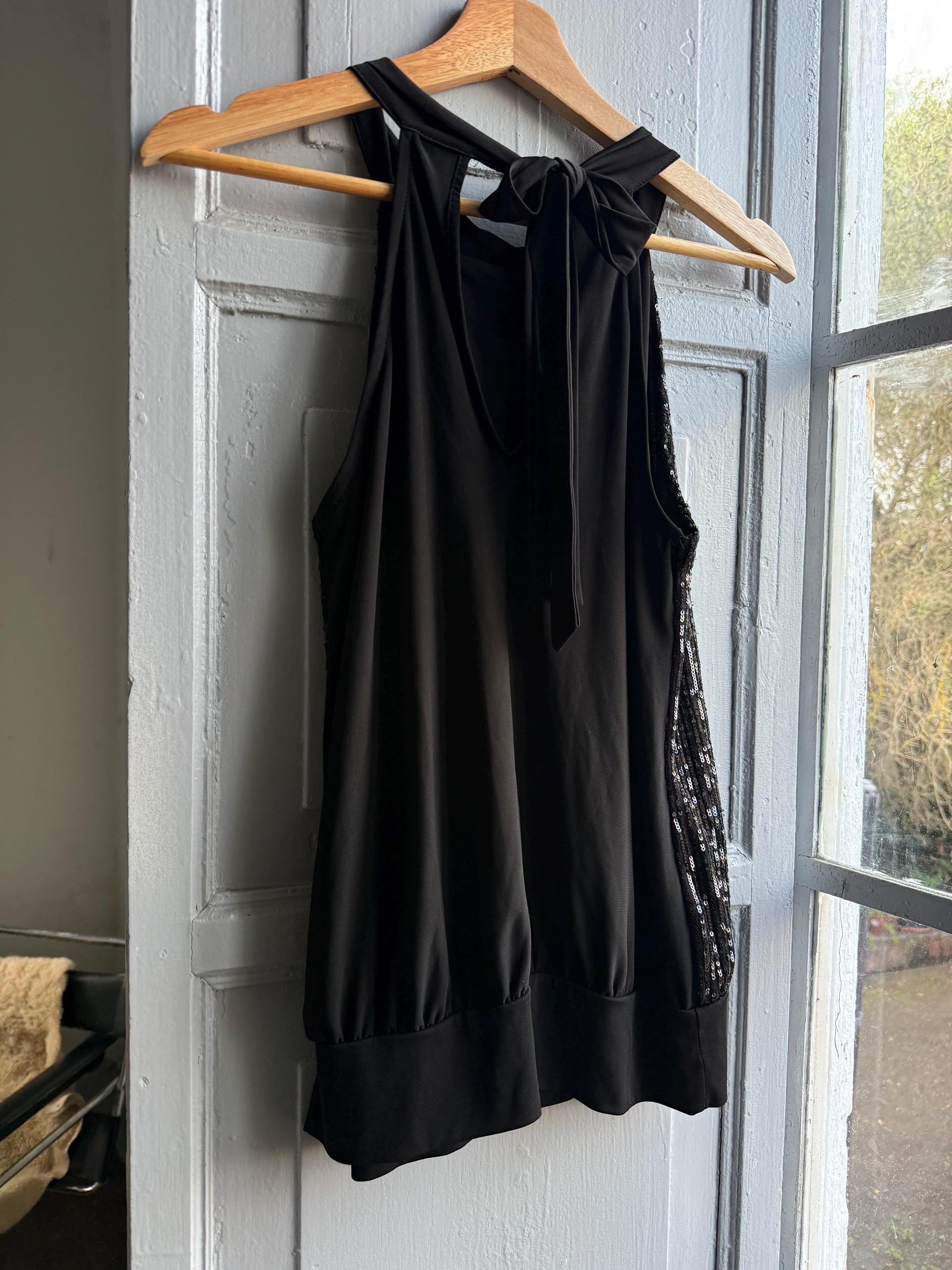 Black sequin halter top, NYE sparkly outfit, Festive party wear, S