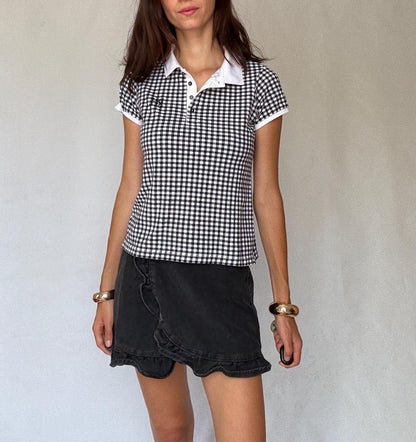 Black Gingham Stretch Cotton Polo Shirt