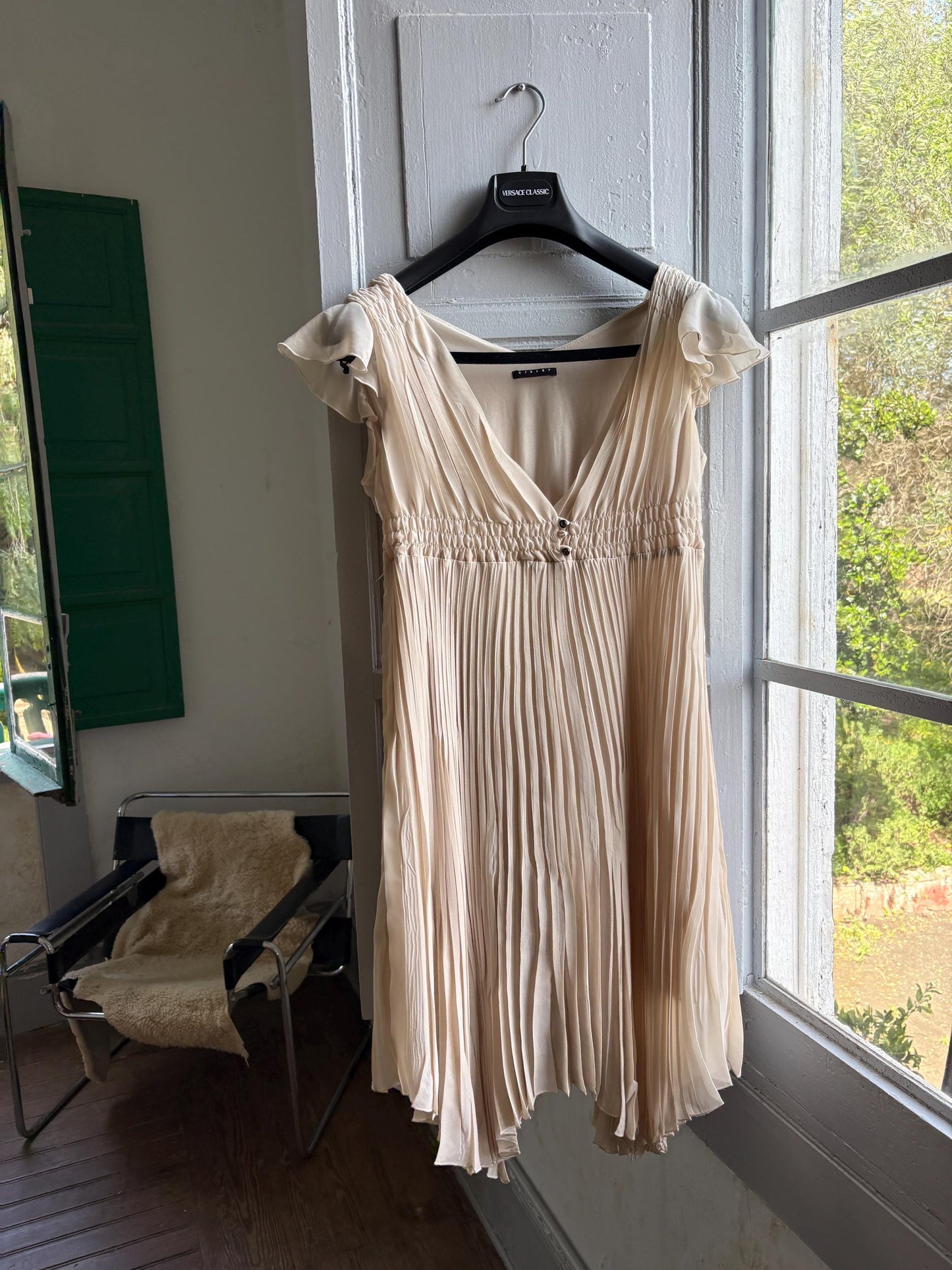 Sisley beige pleated formal dress, Butterfly sleeves, Summer event dress, size M