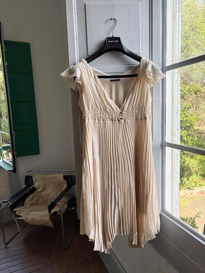 Sisley beige pleated formal dress, Butterfly sleeves, Summer event dress, size M