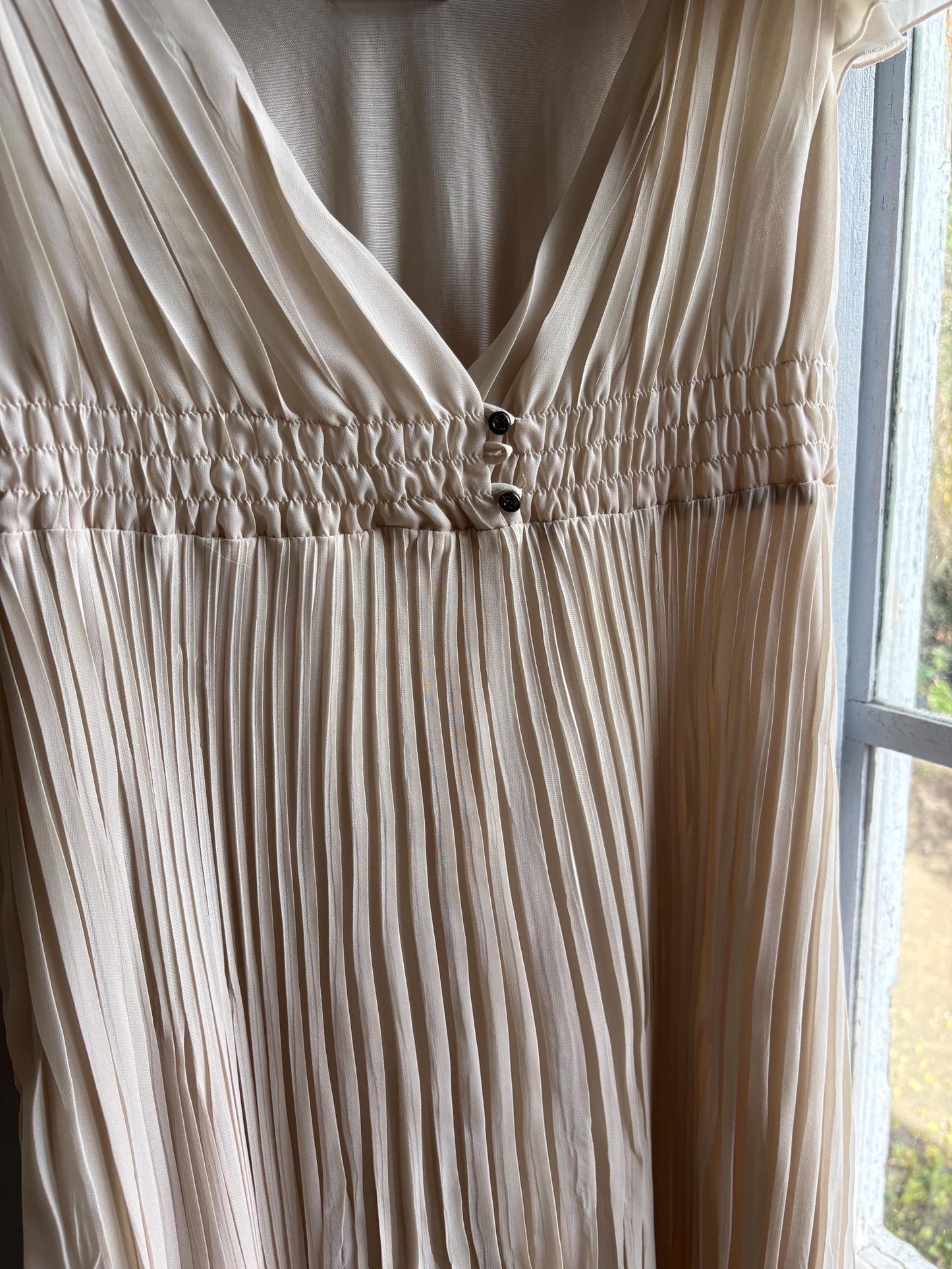 Sisley beige pleated formal dress, Butterfly sleeves, Summer event dress, size M