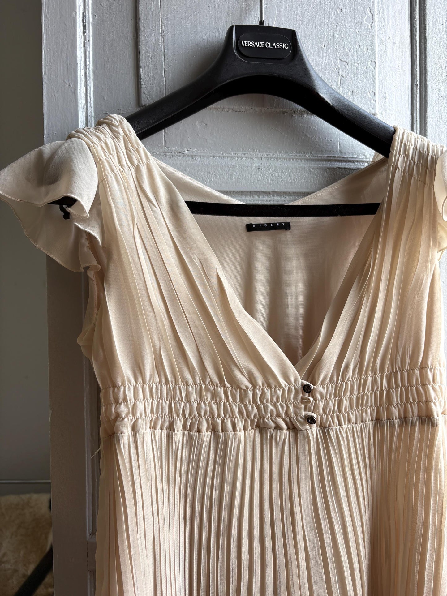 Sisley beige pleated formal dress, Butterfly sleeves, Summer event dress, size M