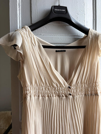 Sisley beige pleated formal dress, Butterfly sleeves, Summer event dress, size M