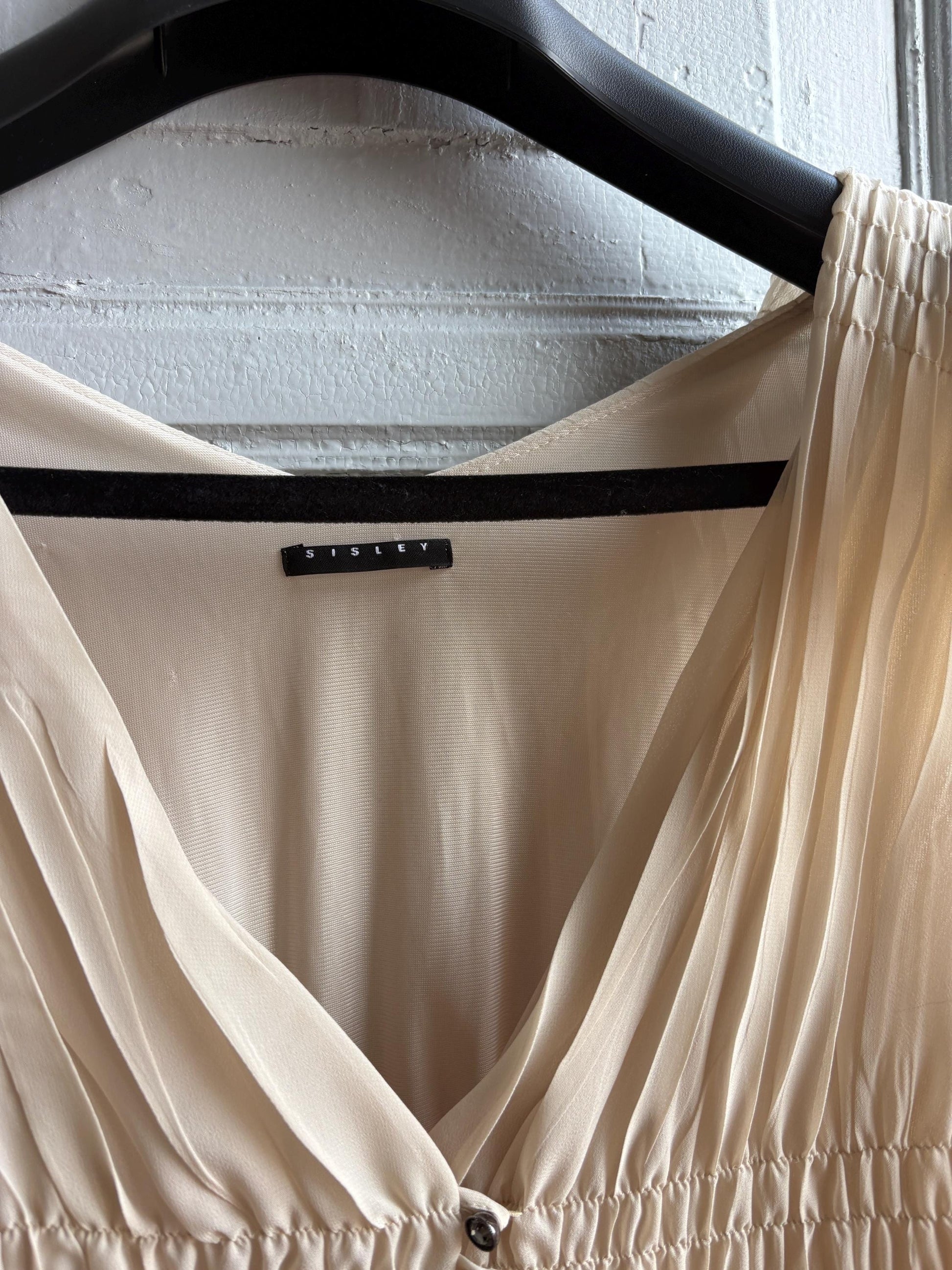 Sisley beige pleated formal dress, Butterfly sleeves, Summer event dress, size M