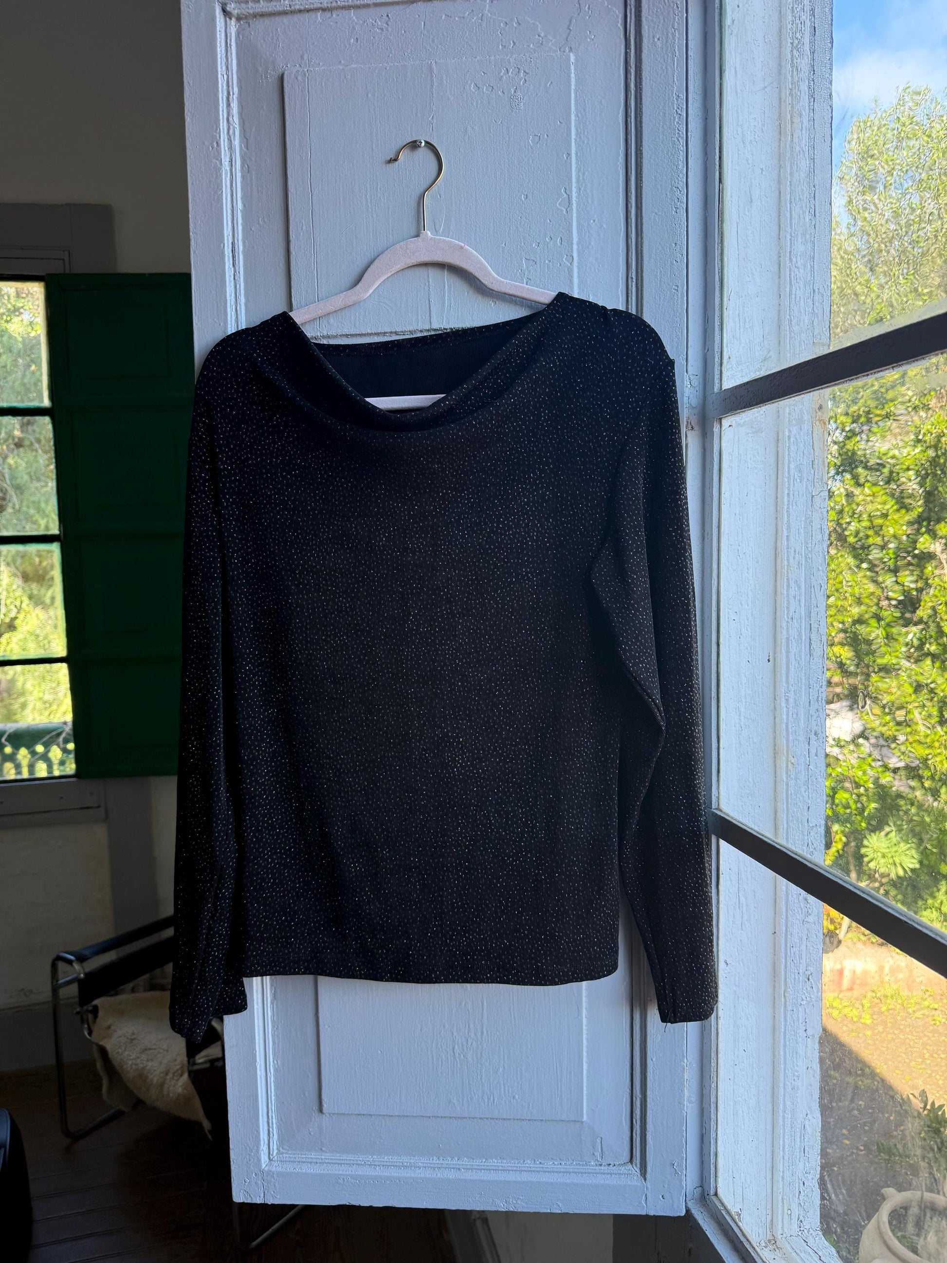 Vintage Black Sparkly Disco Shirt — fabric close-up