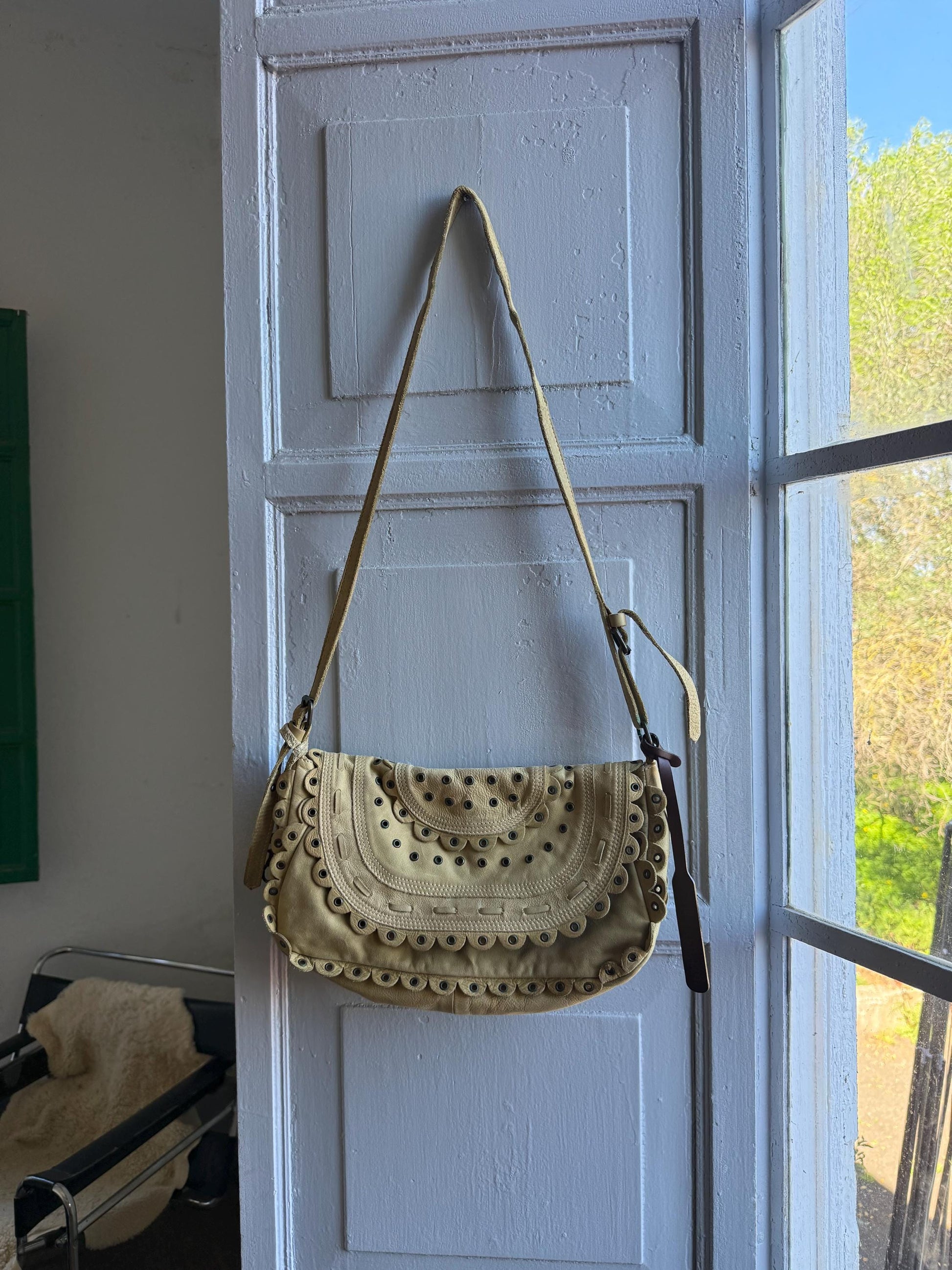 Beige Scalloped Leather Shoulder Bag
