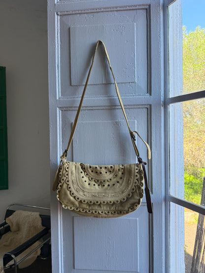 Beige Scalloped Leather Shoulder Bag
