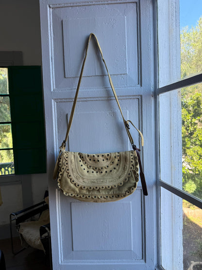 Beige Scalloped Leather Shoulder Bag — fabric close-up