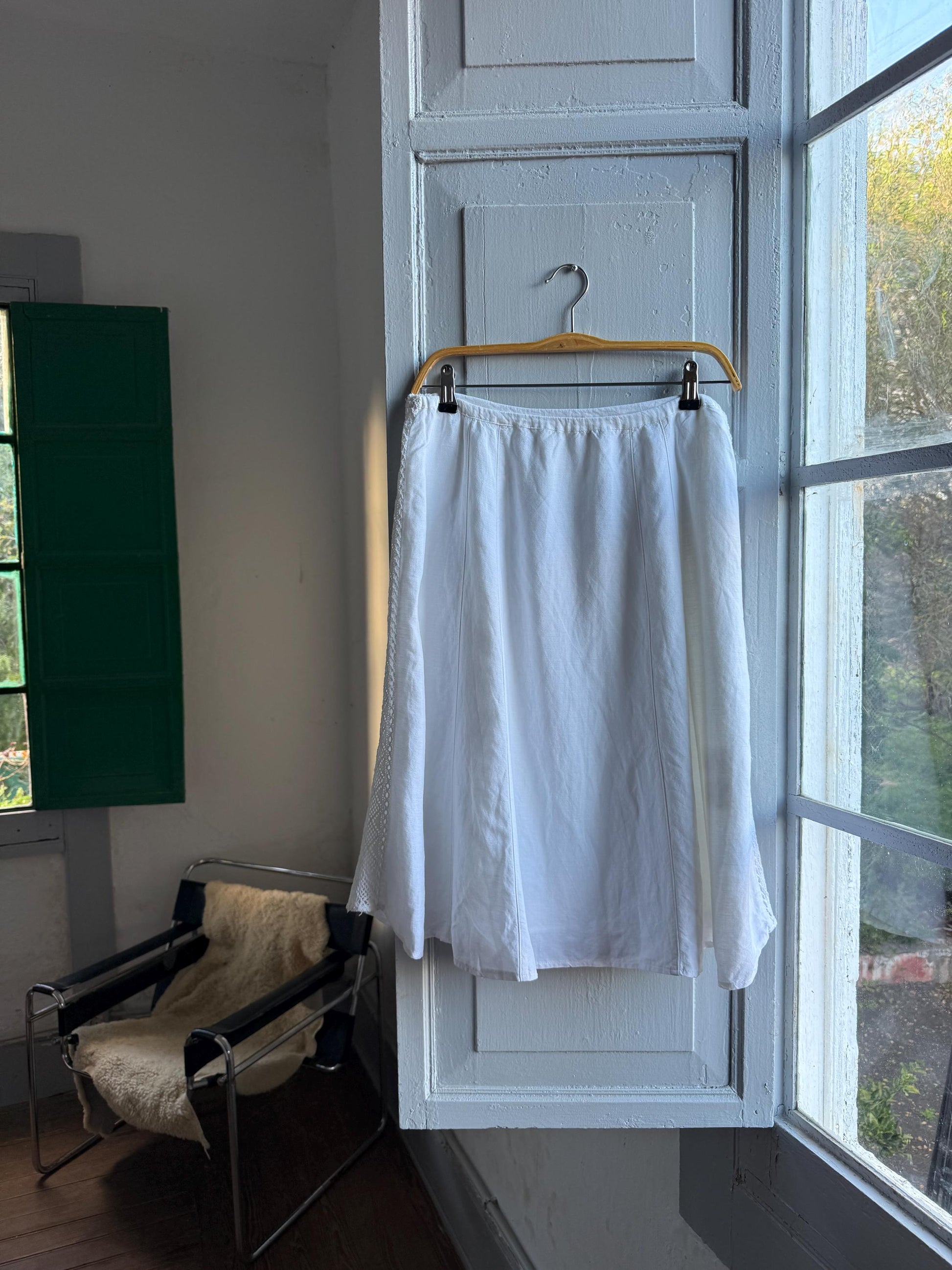 Cottagecore White Linen Blend Midi Skirt — back view