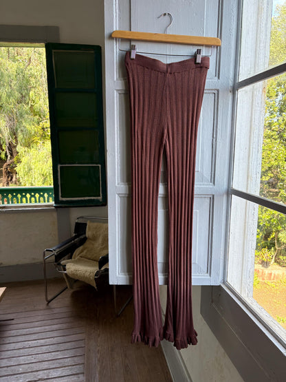 Brown Pointelle Knit Pants, Stretch Cotton Lounge Trousers, Boho Flare Festival pants,  Hippie Chic bottoms, Size XS S