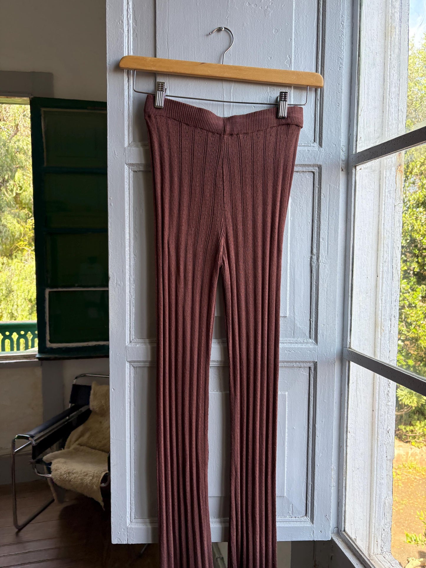 Brown Pointelle Knit Pants, Stretch Cotton Lounge Trousers, Boho Flare Festival pants,  Hippie Chic bottoms, Size XS S