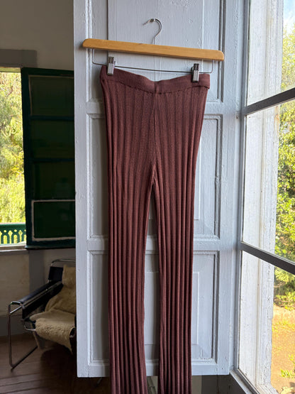 Brown Pointelle Knit Pants, Stretch Cotton Lounge Trousers, Boho Flare Festival pants,  Hippie Chic bottoms, Size XS S