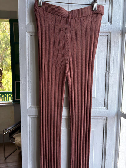 Brown Pointelle Knit Pants, Stretch Cotton Lounge Trousers, Boho Flare Festival pants,  Hippie Chic bottoms, Size XS S