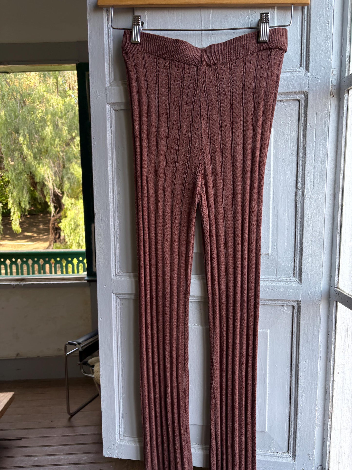 Brown Pointelle Knit Pants, Stretch Cotton Lounge Trousers, Boho Flare Festival pants,  Hippie Chic bottoms, Size XS S
