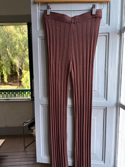 Brown Pointelle Knit Pants, Stretch Cotton Lounge Trousers, Boho Flare Festival pants,  Hippie Chic bottoms, Size XS S