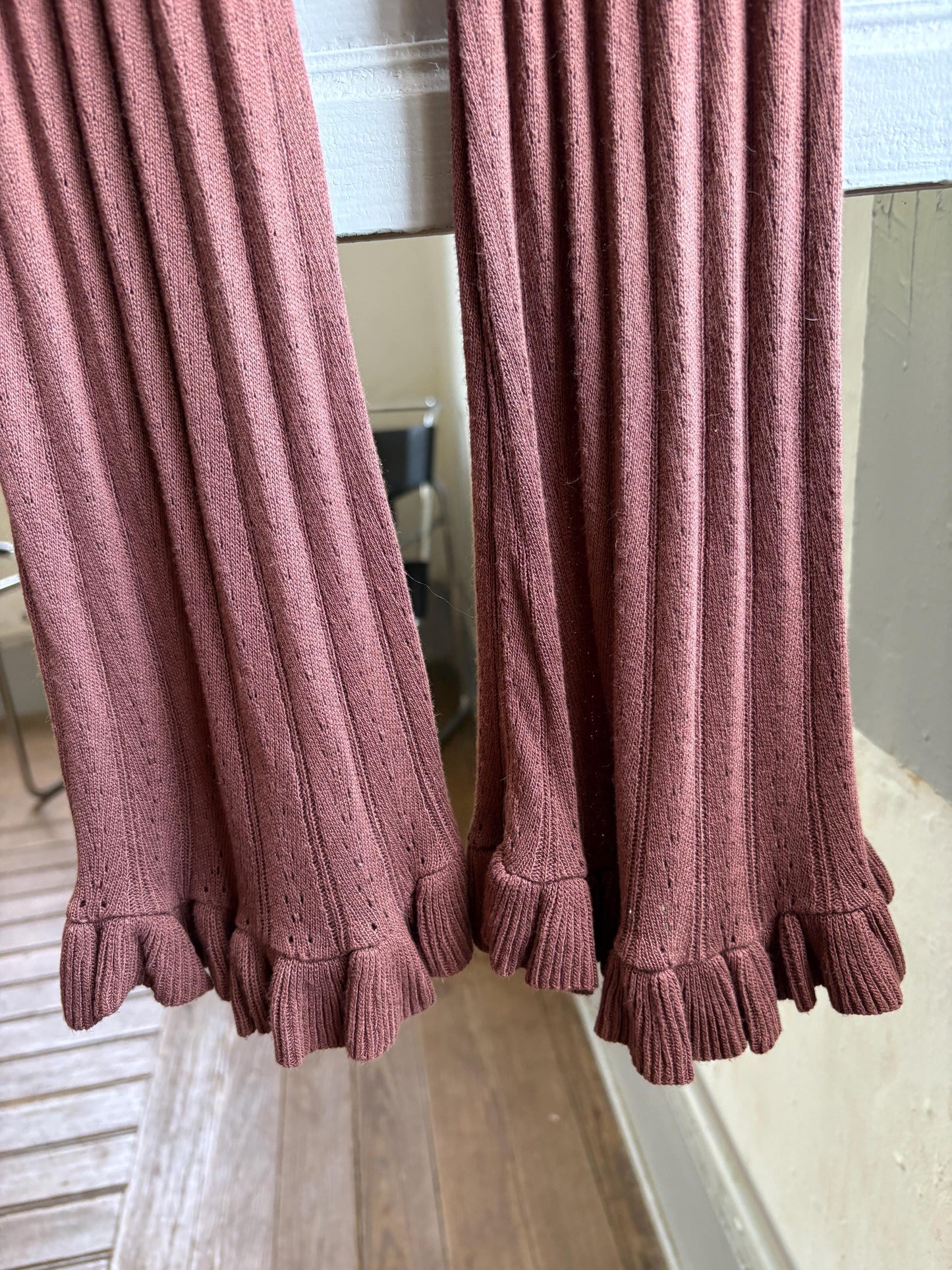 Brown Pointelle Knit Pants, Stretch Cotton Lounge Trousers, Boho Flare Festival pants,  Hippie Chic bottoms, Size XS S