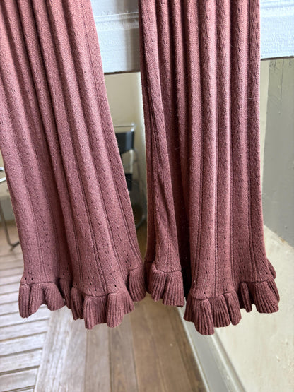 Brown Pointelle Knit Pants, Stretch Cotton Lounge Trousers, Boho Flare Festival pants,  Hippie Chic bottoms, Size XS S