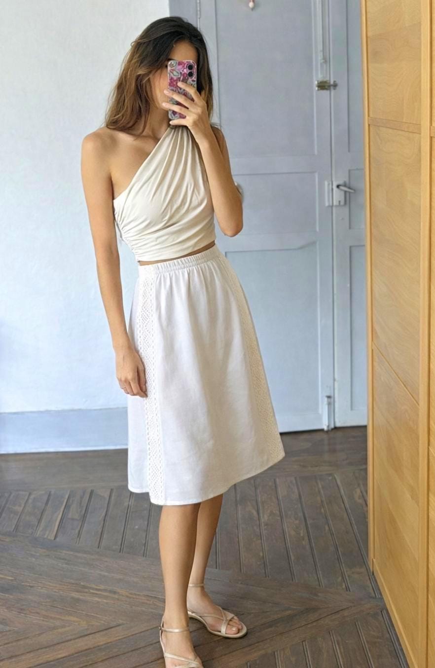 Cottagecore White Linen Blend Midi Skirt