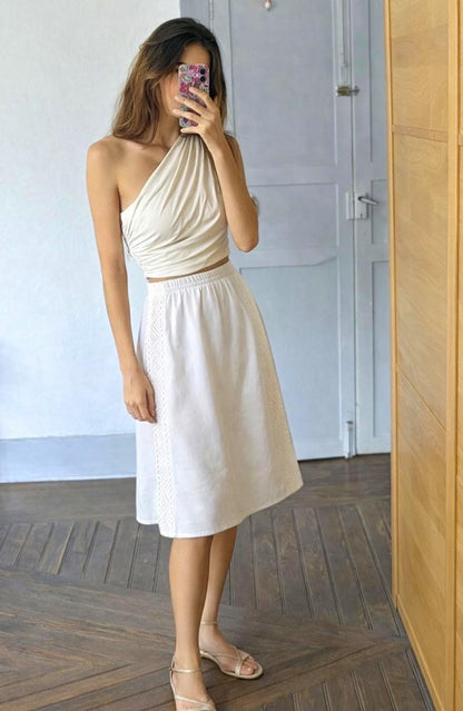 Cottagecore White Linen Blend Midi Skirt