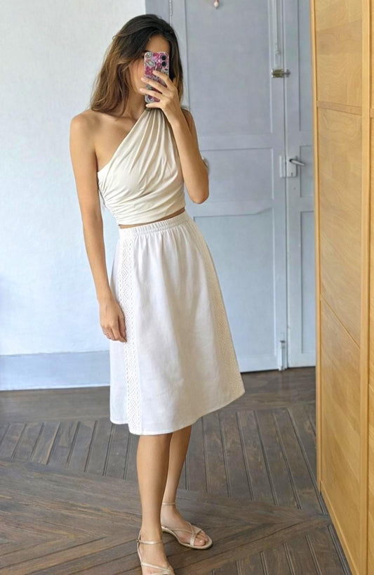 Cottagecore White Linen Blend Midi Skirt