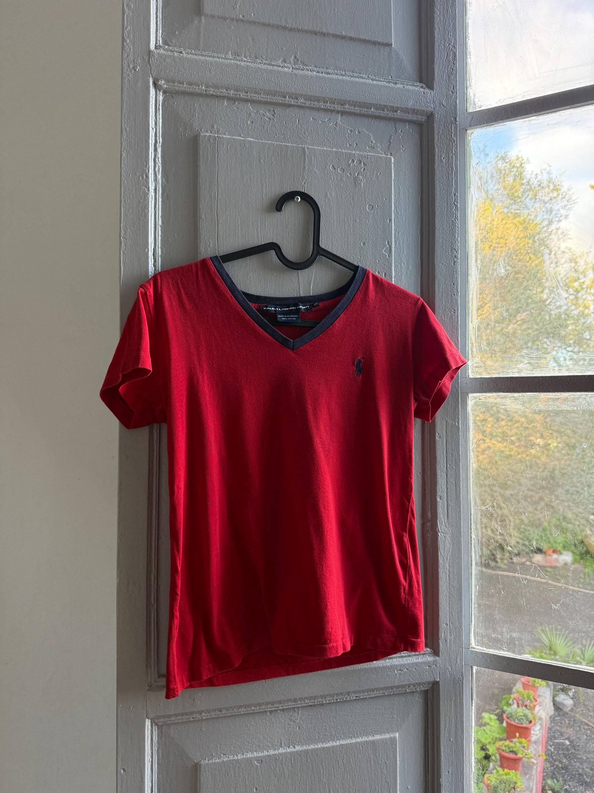 Ralph Lauren Sport red tee, 100% cotton v neck polo, XS
