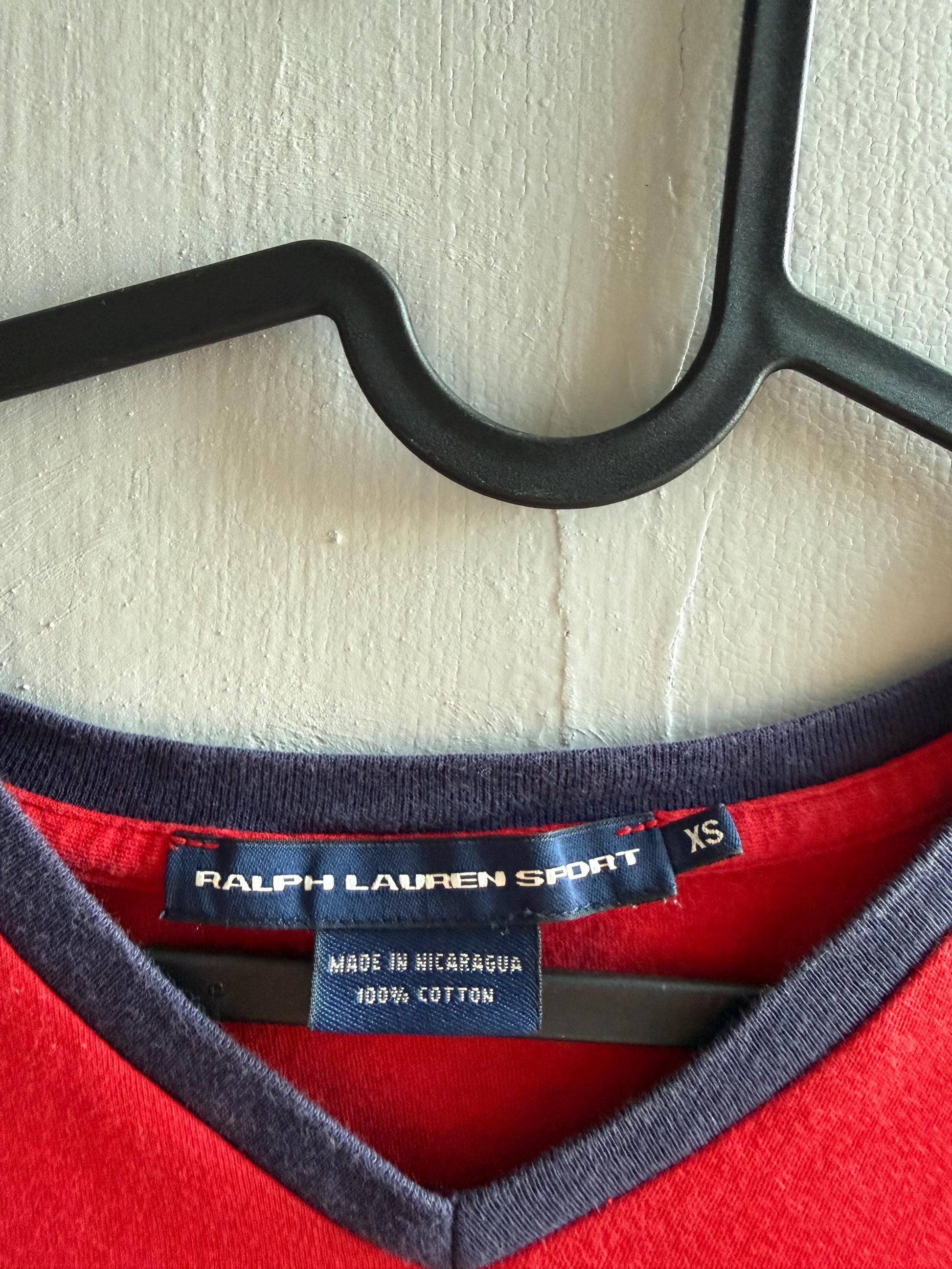 Ralph Lauren Sport red tee, 100% cotton v neck polo, XS