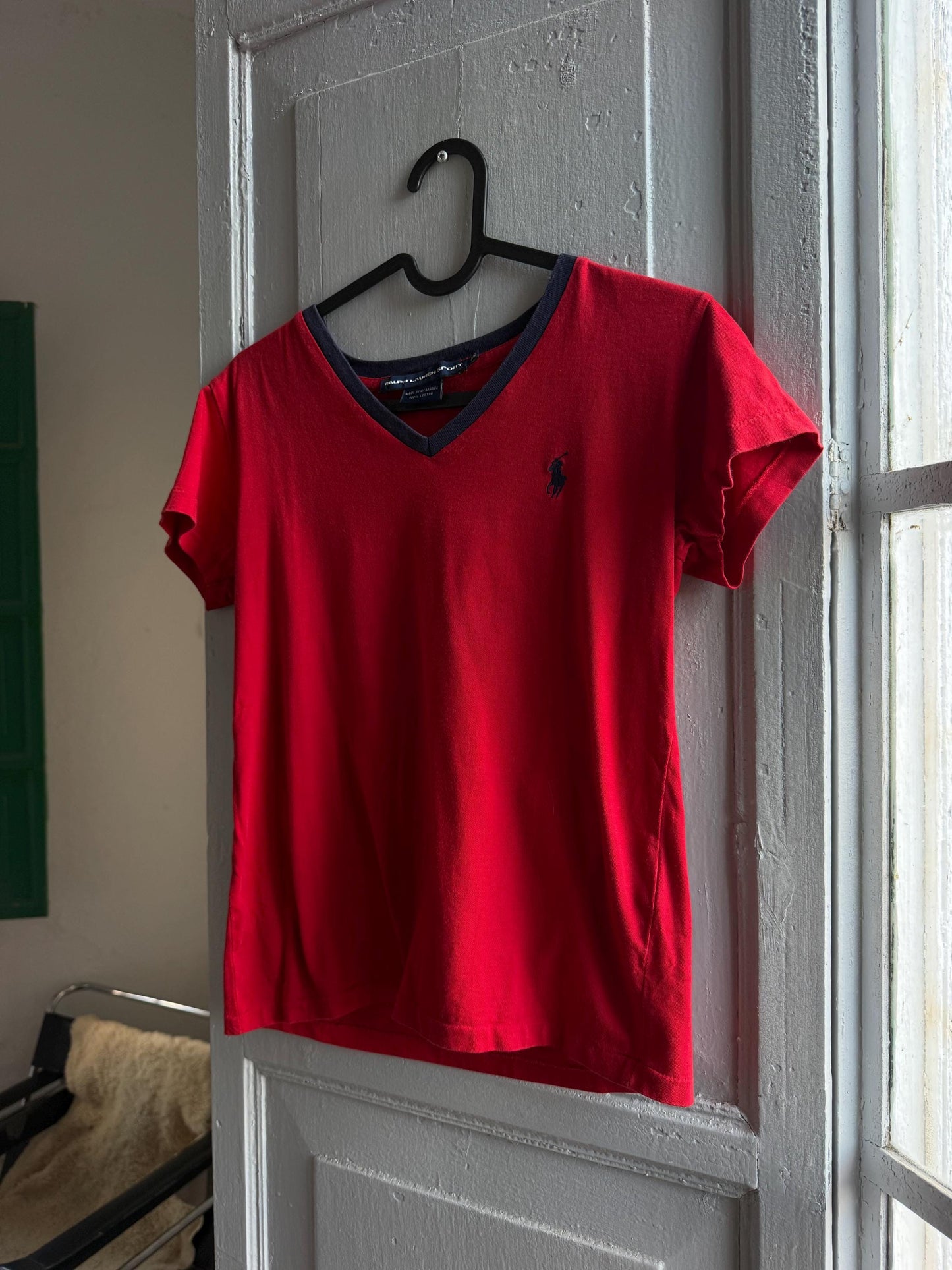 Ralph Lauren Sport red tee, 100% cotton v neck polo, XS