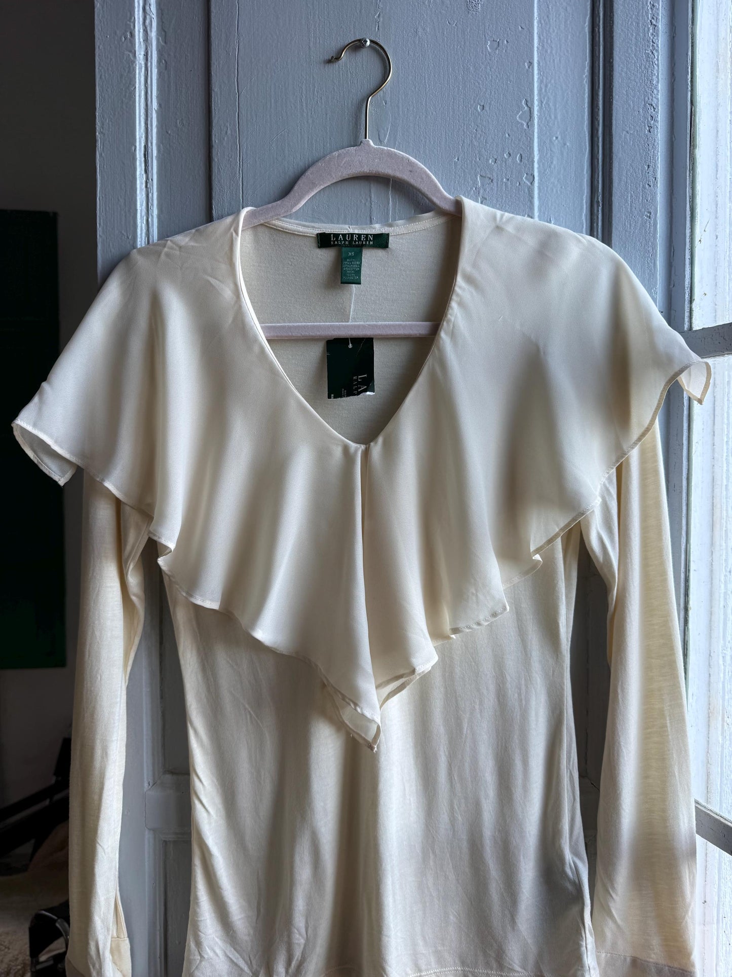 Ralph Lauren Off-White Ruffle Neck Blouse — fabric close-up