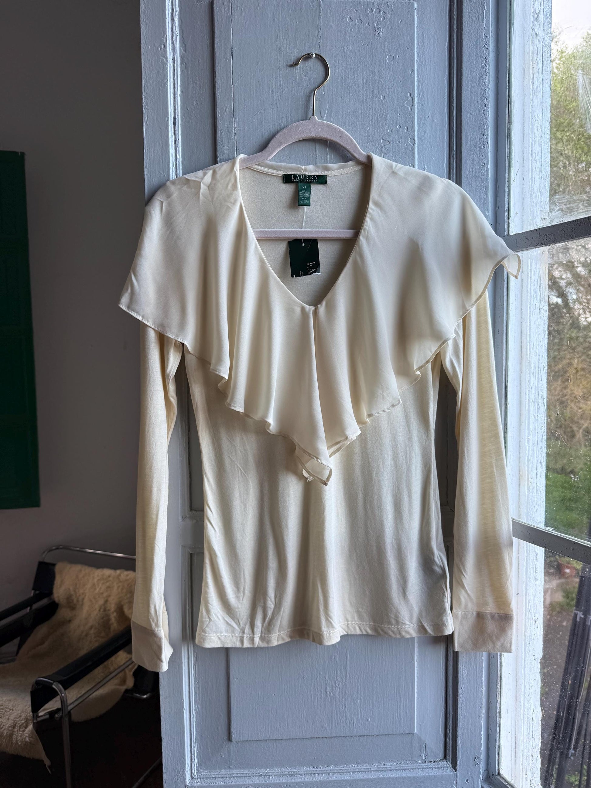 Ralph Lauren Off-White Ruffle Neck Blouse — back view