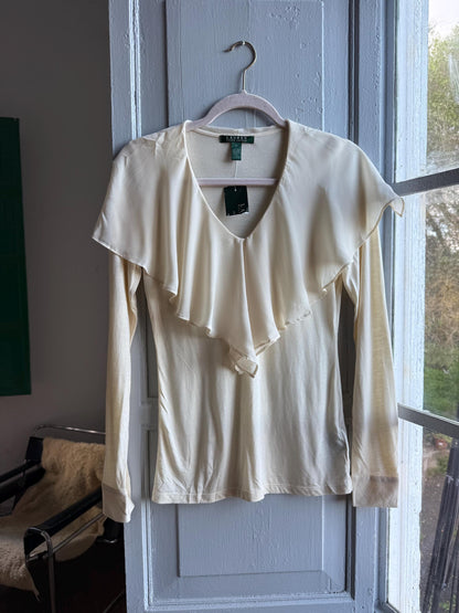 Ralph Lauren Off-White Ruffle Neck Blouse — back view