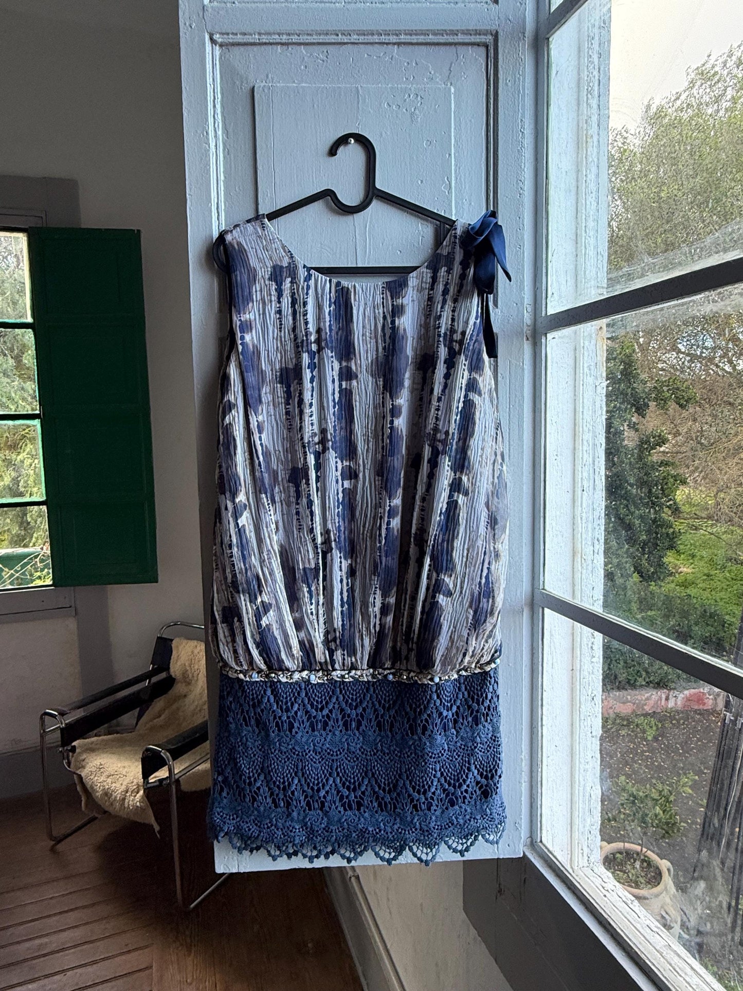 Silk Blue Tie Dye Bow Dress — detail