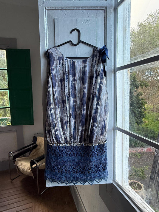 100% Silk blue tie dye dress summer, bow shoulder detail, bohemian chic evening wear, S - M