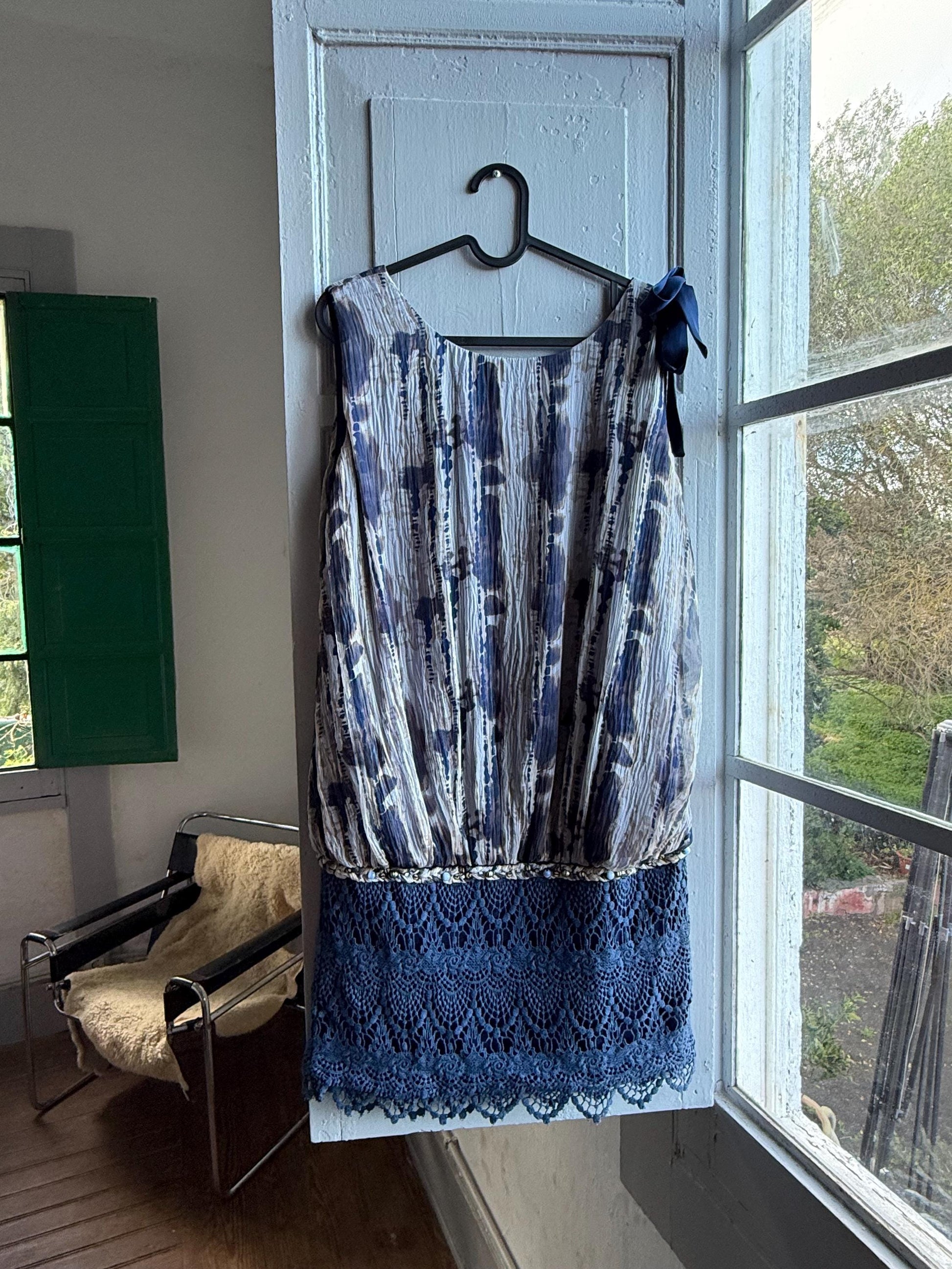 Silk Blue Tie Dye Bow Dress — back view