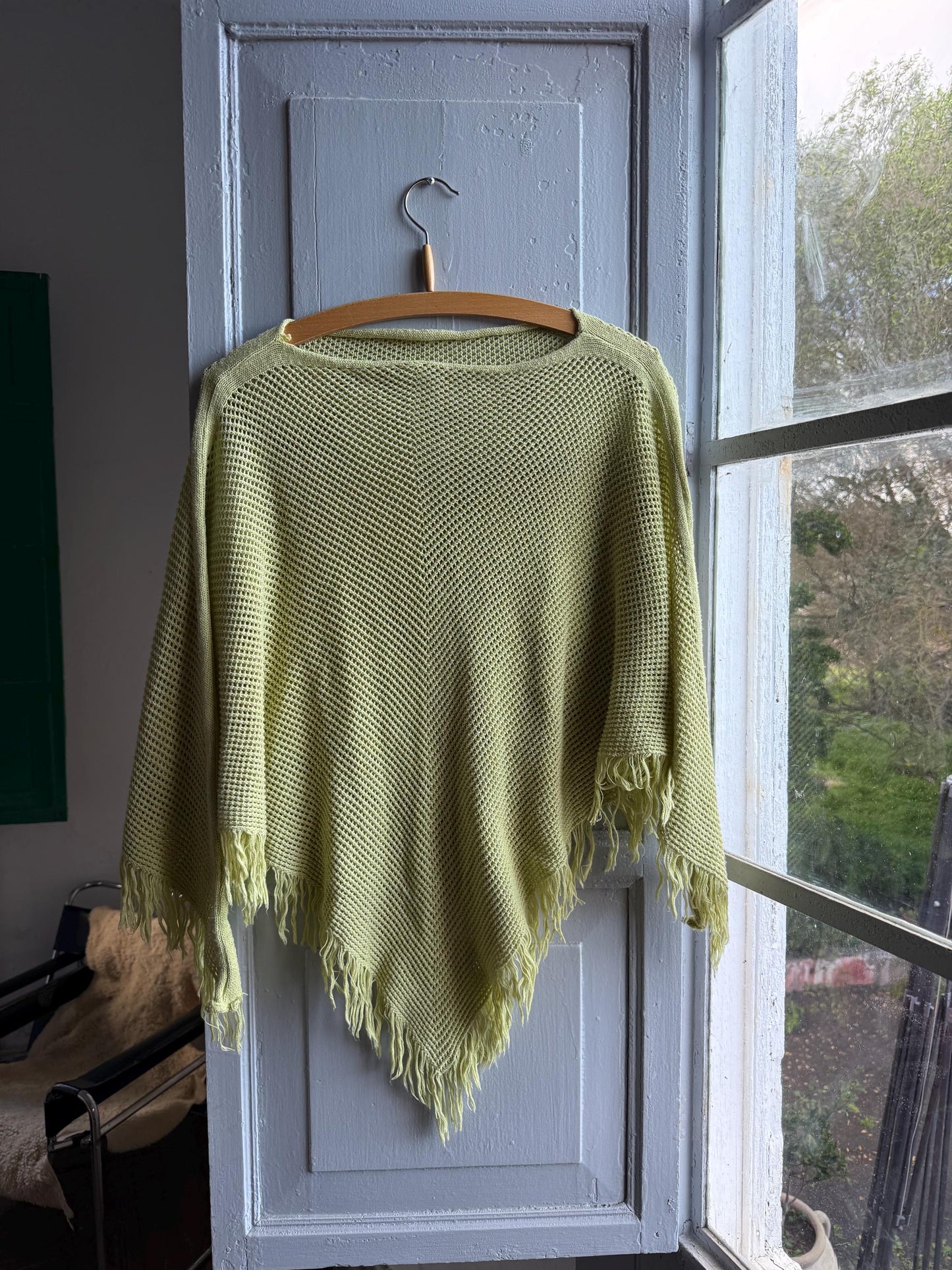 Vintage Green Kids' Poncho, Open Knit — back view