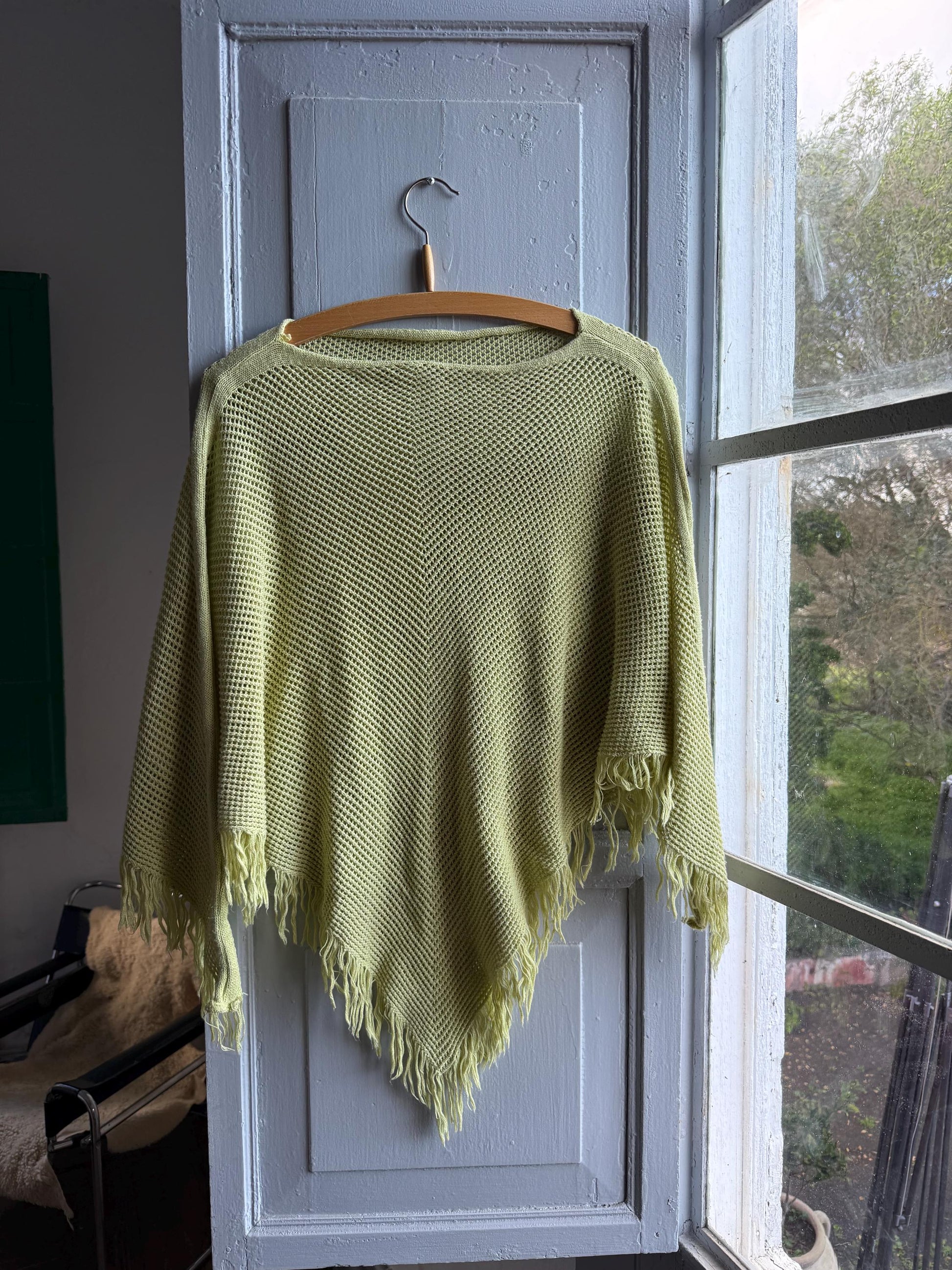 Vintage Green Kids' Poncho, Open Knit — back view