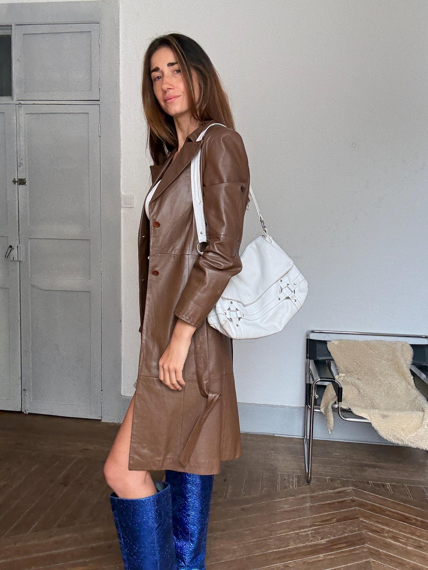 Vintage White Leather Y2K Shoulder Bag