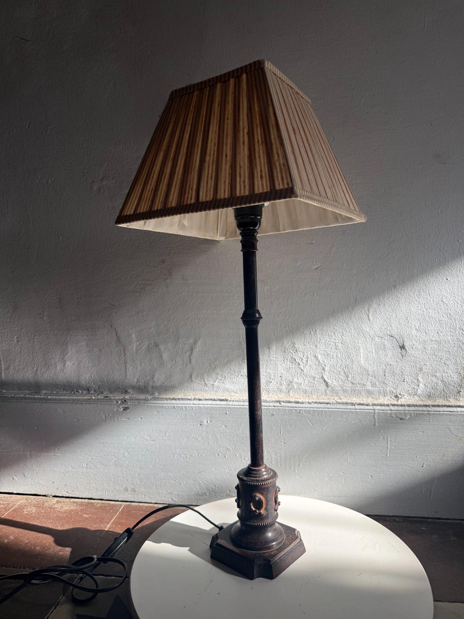 Vintage Brown Table Lamp with Striped Shade — back view