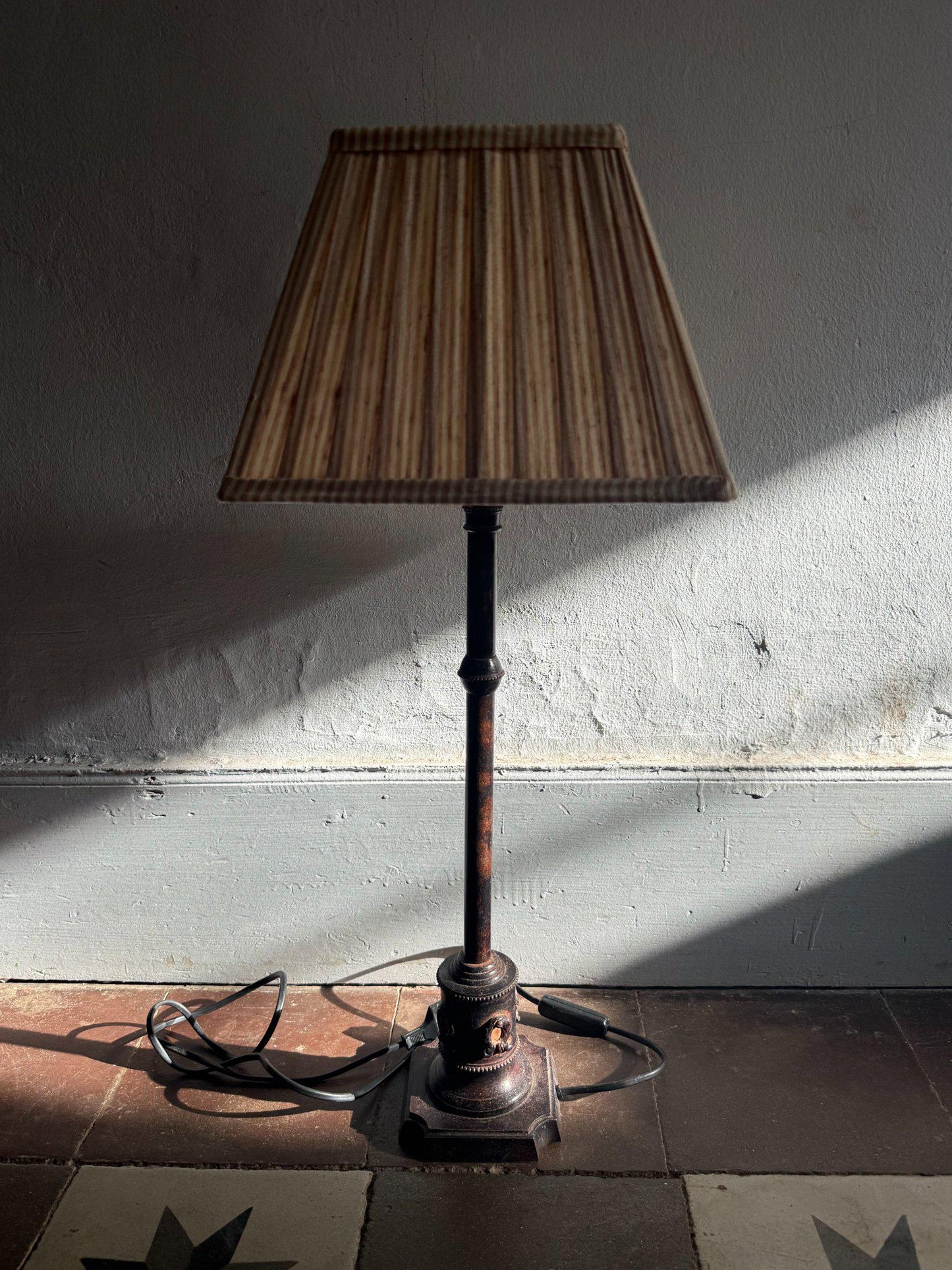 Vintage Brown Table Lamp with Striped Shade — fabric close-up
