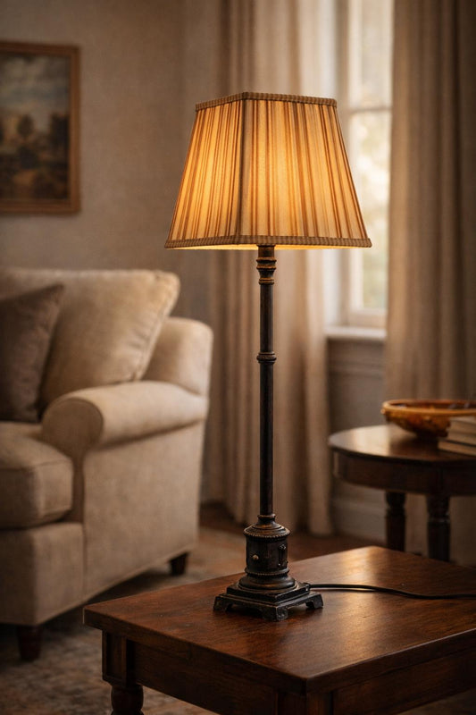 Vintage Brown Table Lamp with Striped Shade