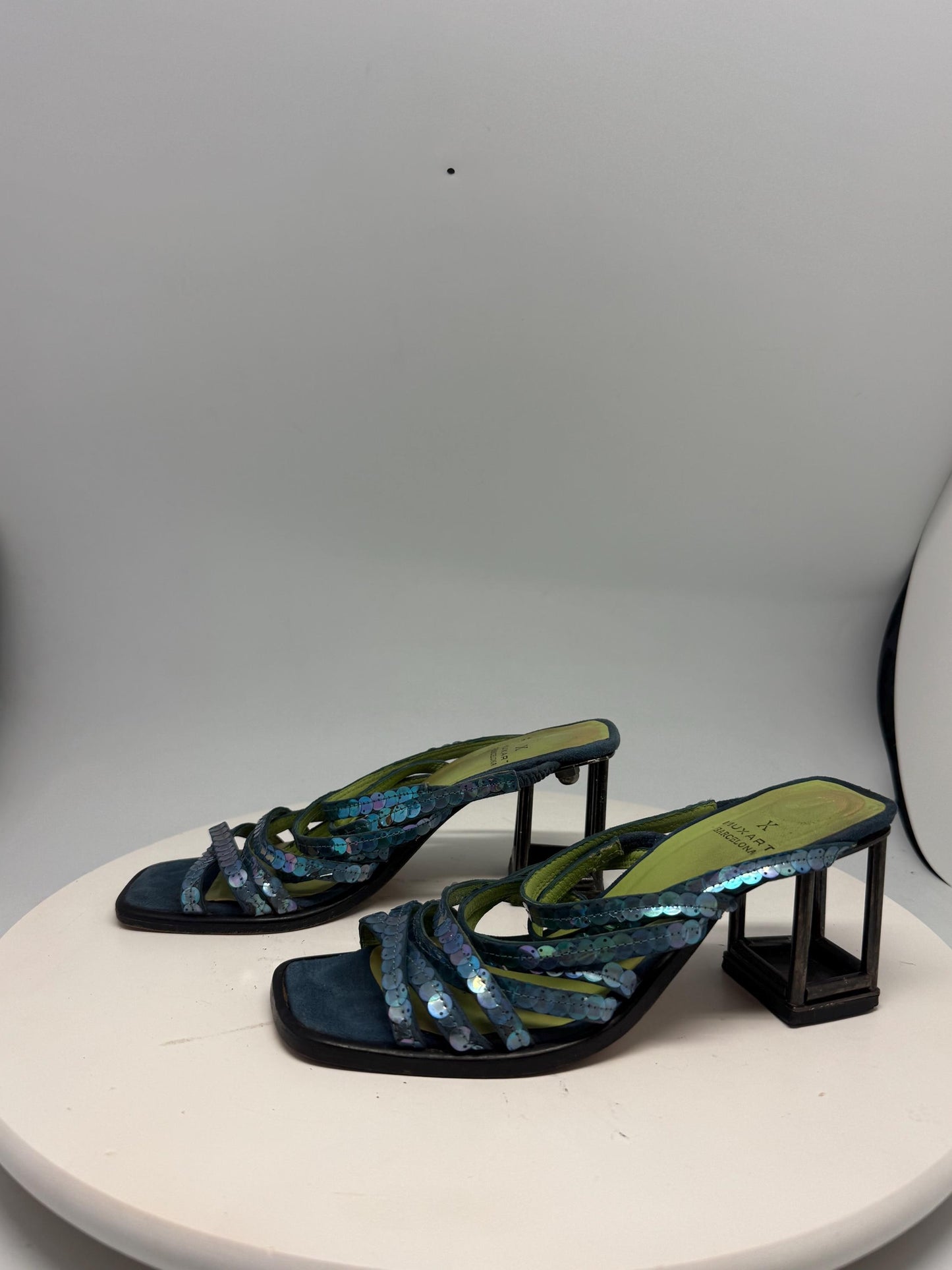 Barcelona Blue Green Leather Heels — back view