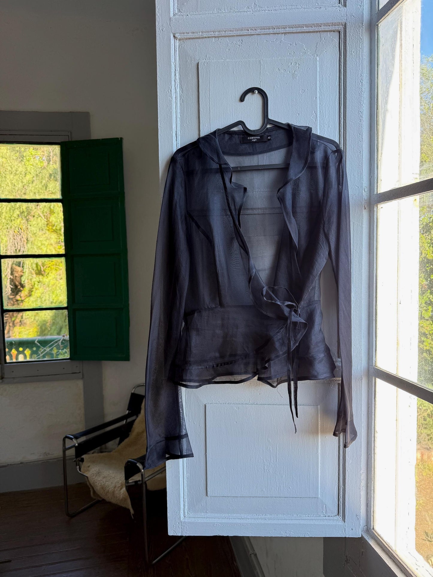 Black sheer ruffle blouse, Deep v neckline wrap top, elegant chic evening wear, size M