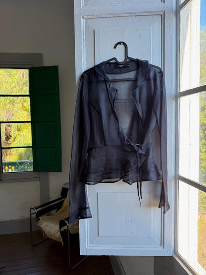 Black Sheer Ruffle Blouse With Deep V Neckline