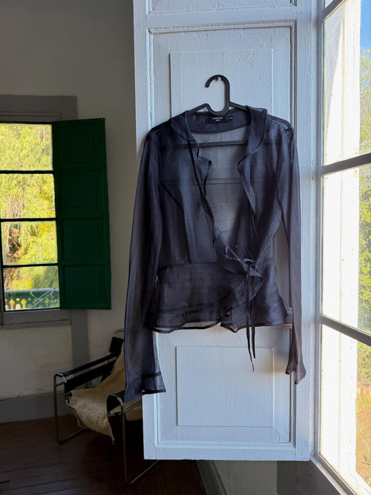 Black sheer ruffle blouse, Deep v neckline wrap top, elegant chic evening wear, size M