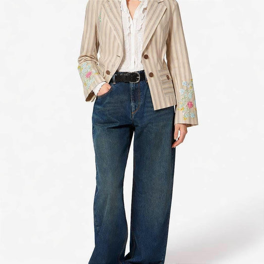 Striped Floral Embroidered Summer Blazer