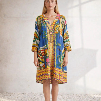Natura colorful tunic summer dress, 100% cotton beach wear, Size L