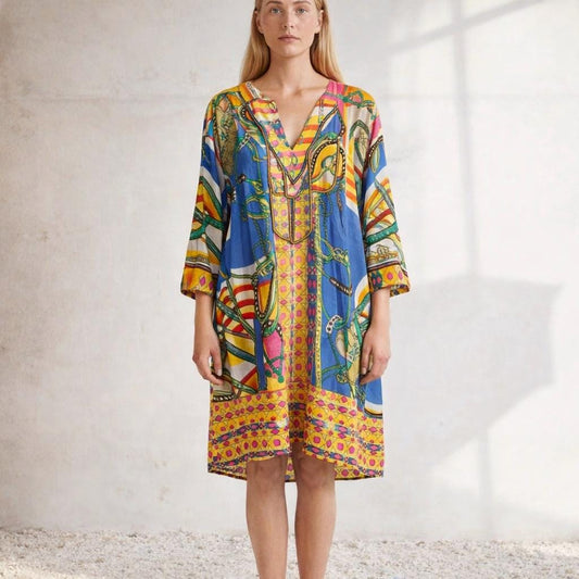 Natura colorful tunic summer dress, 100% cotton beach wear, Size L