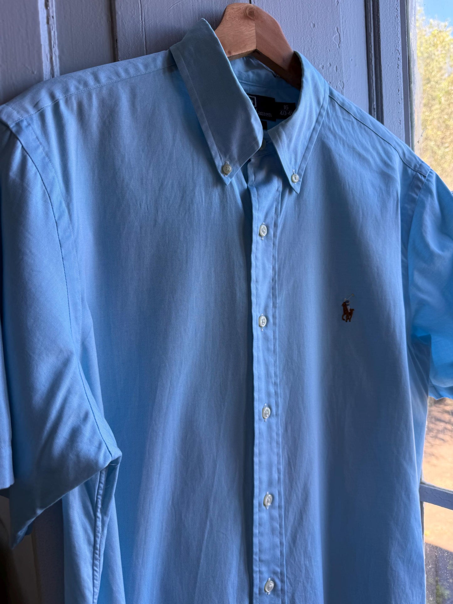 Ralph Lauren light blue polo men shirt, custom fit, Size 16, 40 - 41
