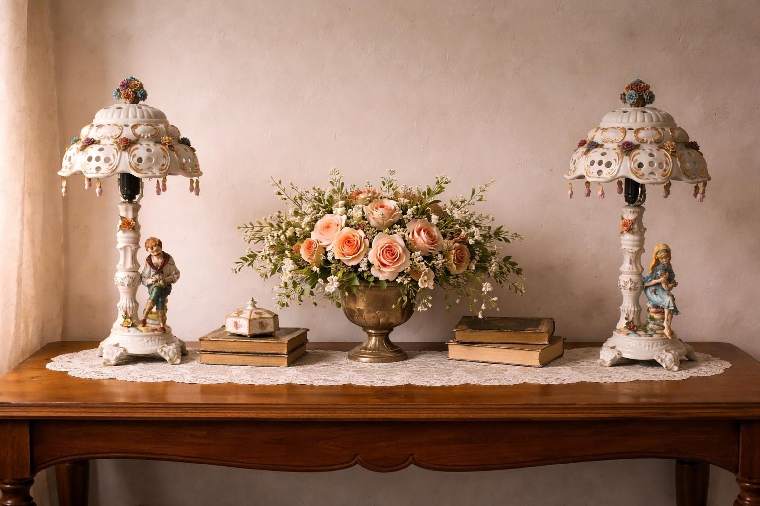 Fornili Vintage Porcelain Floral Lamp — detail