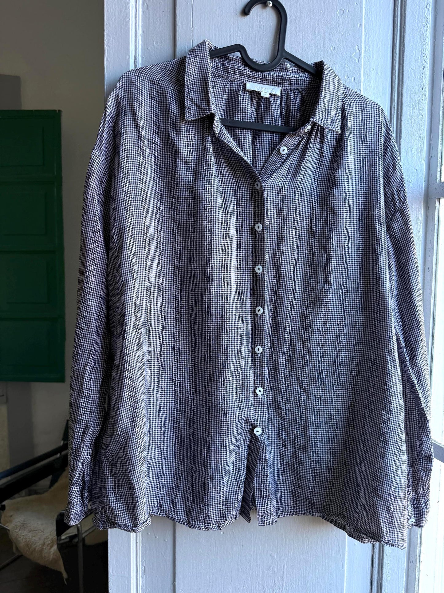 Linen Black And White Check Blouse — back view